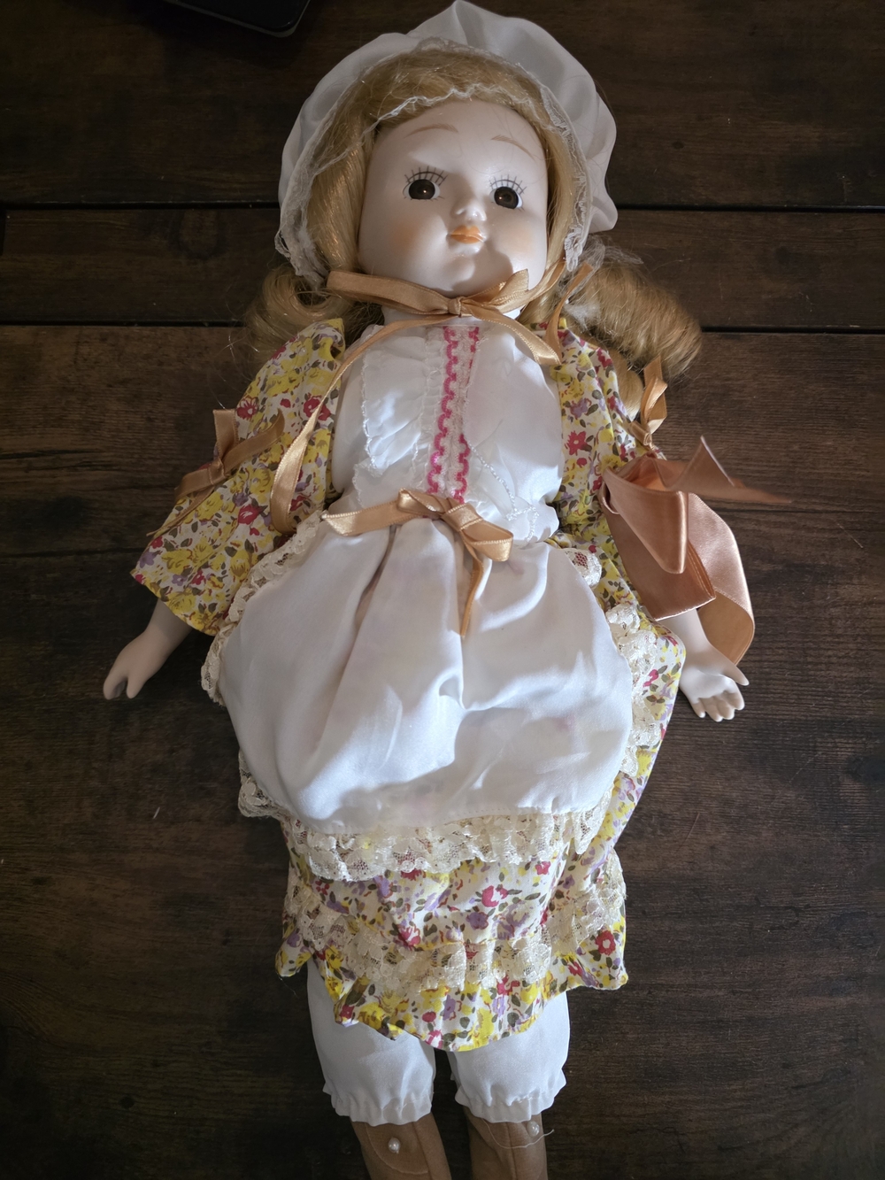 Vintage-Style Girl Doll in White and Yellow Floral Dress
